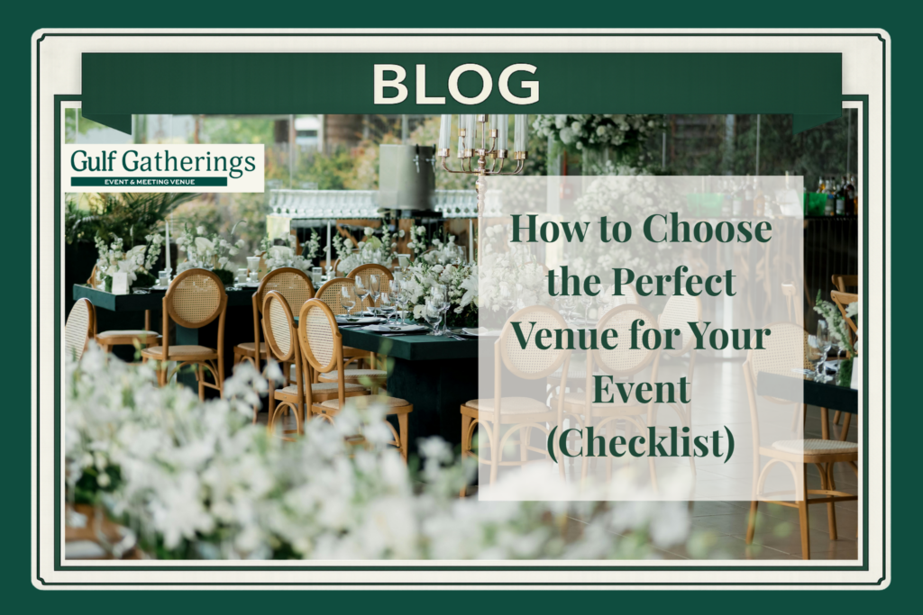 Elegant event venue setup with floral arrangements and banquet seating, showcasing Gulf Gatherings event space for venue planning inspiration