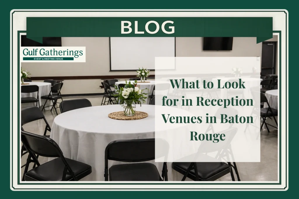 Indoor reception venue setup with round tables and chairs in Baton Rouge, Louisiana at Gulf Gatherings event space