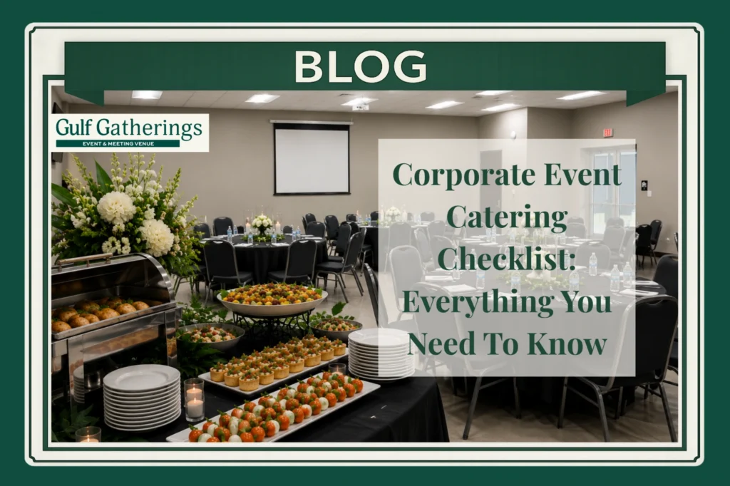 Professional corporate event catering setup in Baton Rouge featuring elegant round banquet tables, buffet catering station, floral centerpieces, and modern conference room layout at Gulf Gatherings.
