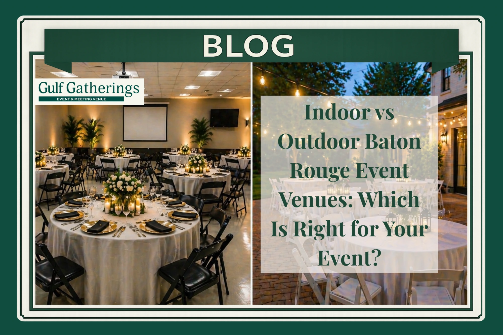 Split image showing an indoor event venue with tables and chairs alongside an outdoor reception space with string lights, round tables, and elegant seating arrangement.