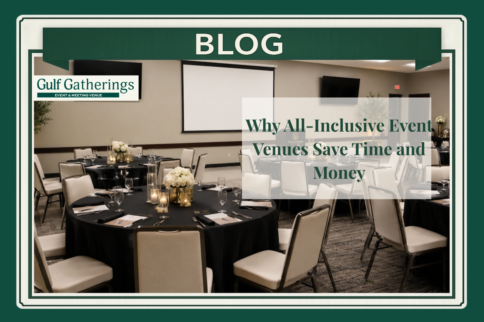 Elegant corporate event venue in Baton Rouge featuring round banquet tables with black linens, cushioned cream chairs, floral centerpieces, candle accents, presentation screens, podium, and professional AV equipment in a modern, upscale event space.