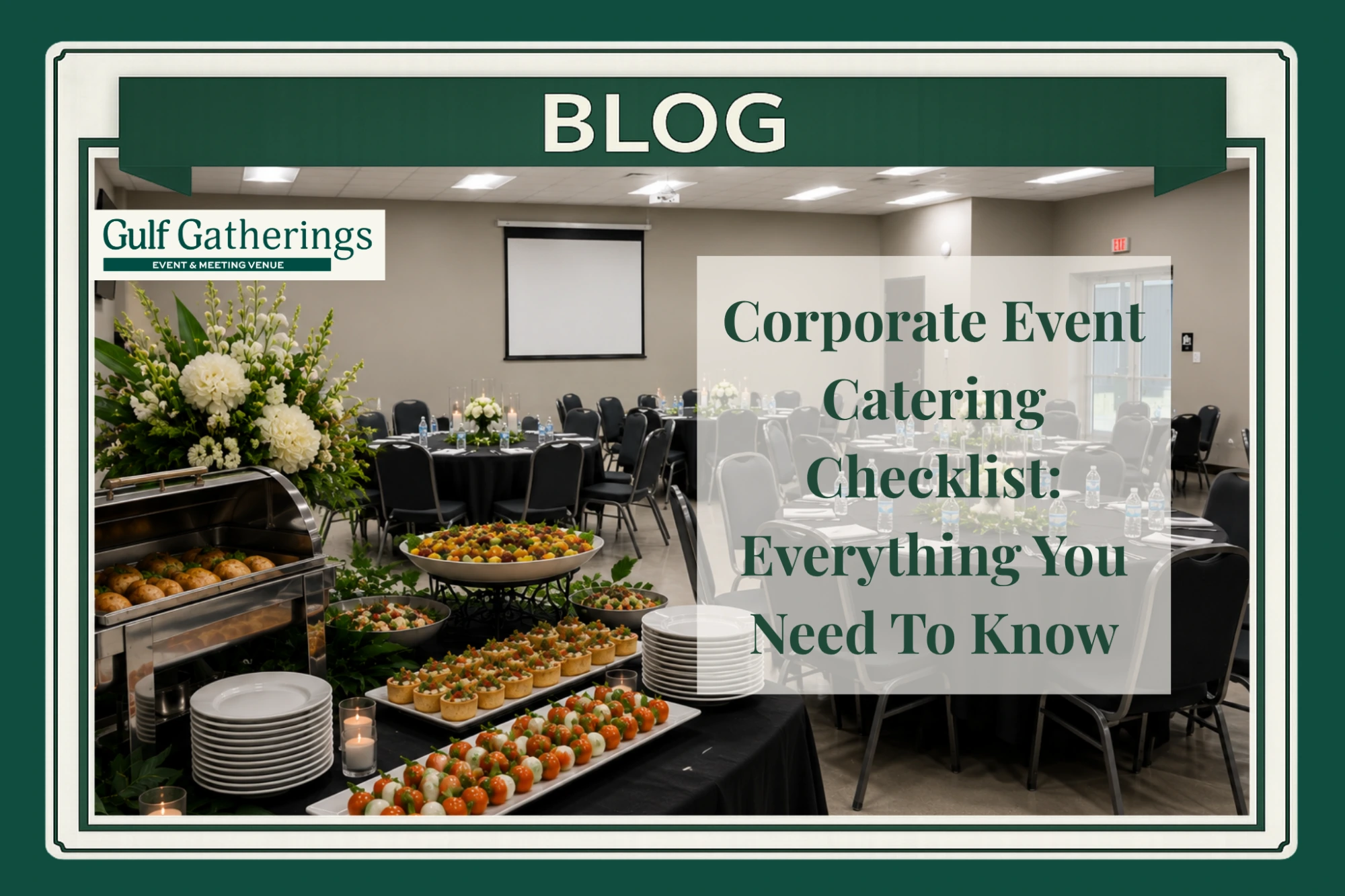 Professional corporate event catering setup in Baton Rouge featuring elegant round banquet tables, buffet catering station, floral centerpieces, and modern conference room layout at Gulf Gatherings.