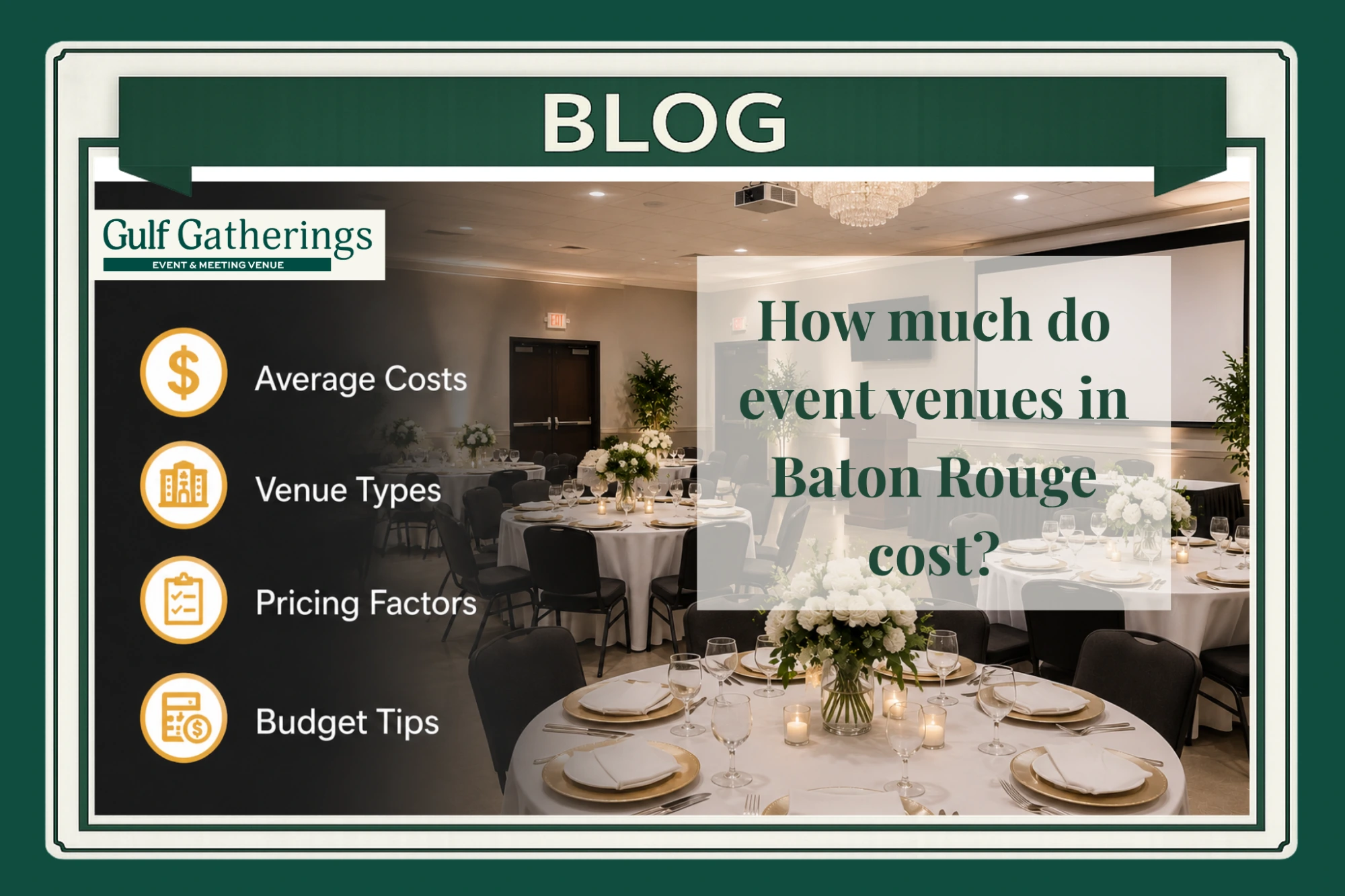 Professional Baton Rouge event venue setup with conference tables, presentation screens, and pricing information icons for venue costs, event types, pricing factors, and budget tips.