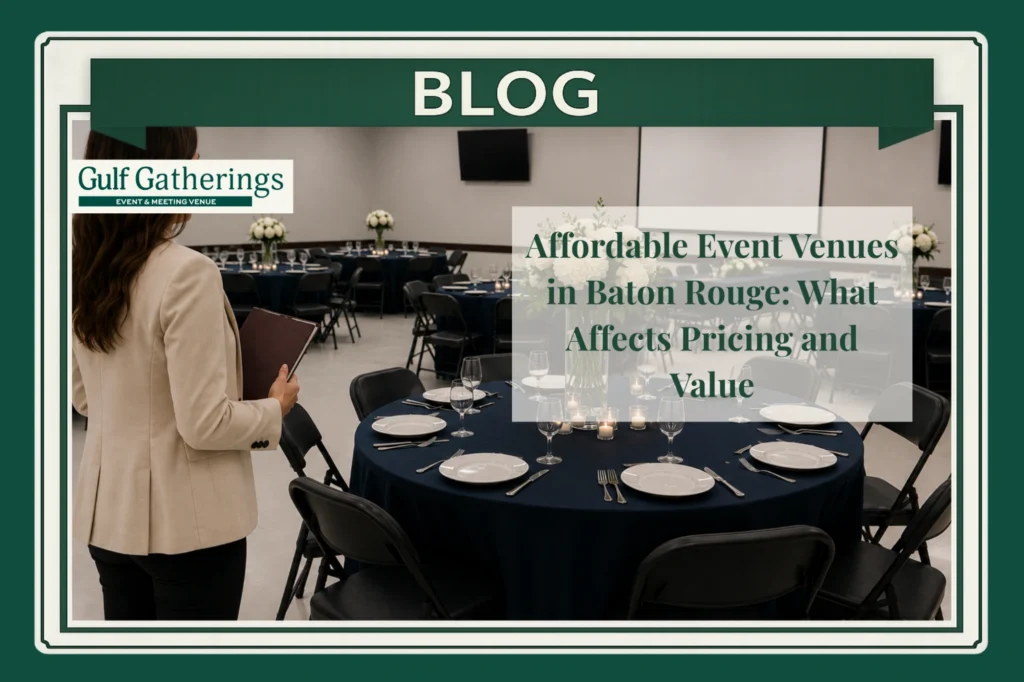 Affordable event venue in Baton Rouge with professionally decorated tables, floral centerpieces, and event planning setup at Gulf Gatherings, showcasing venue value, amenities, and event hosting services.