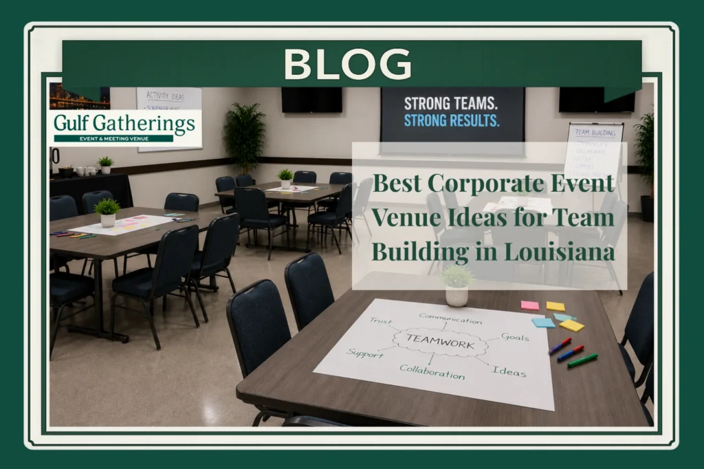 Professional team-building event setup in a modern Baton Rouge corporate venue featuring dark wood tables, navy chairs, collaborative workshop materials, presentation screens, and flexible group seating designed for employee engagement and business workshops.