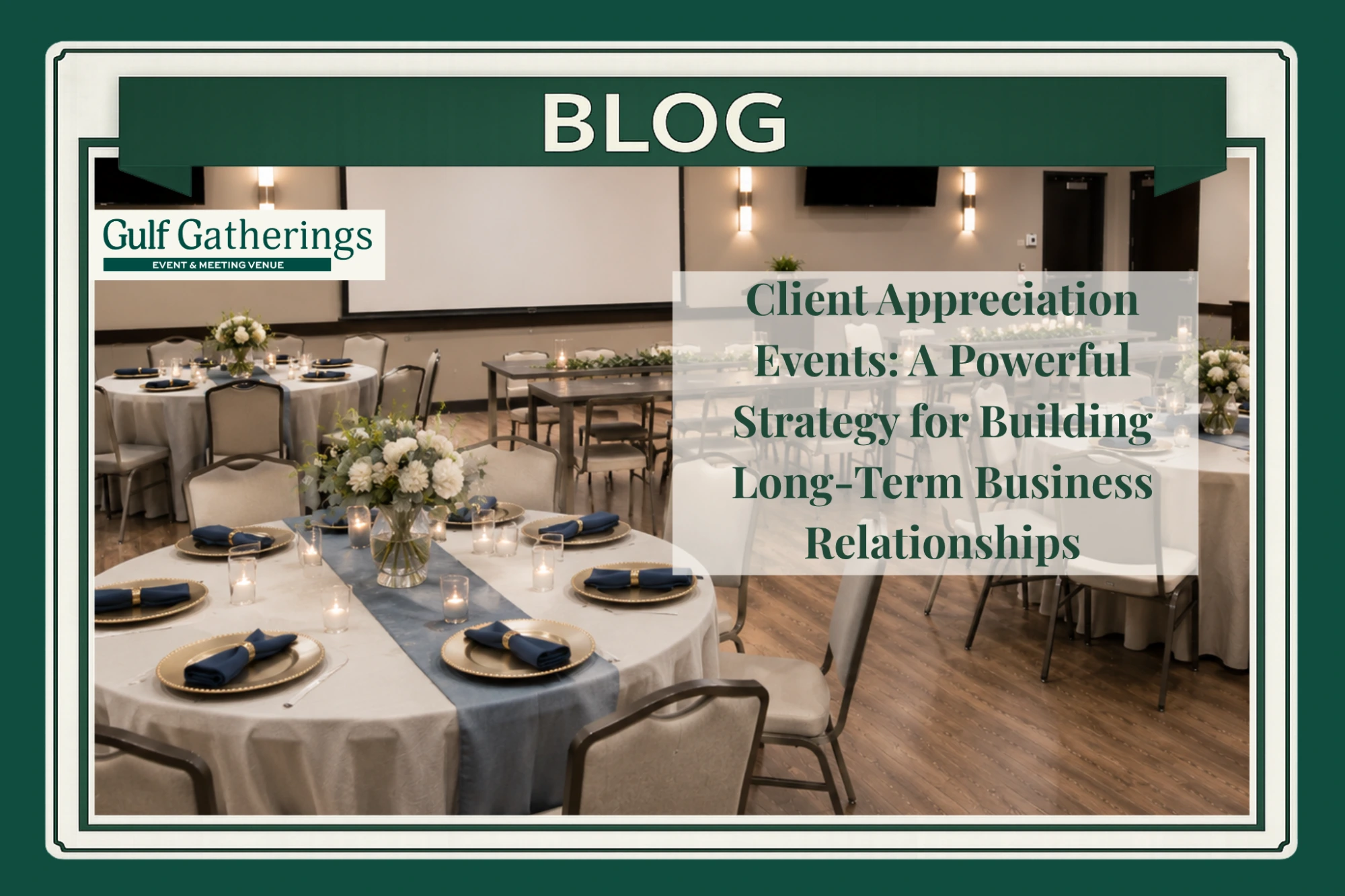 Elegant client appreciation event venue with round banquet tables, upscale décor, and professional event setup, showcasing a welcoming environment for networking, client appreciation events, business relationship building, customer retention, and corporate event hosting.