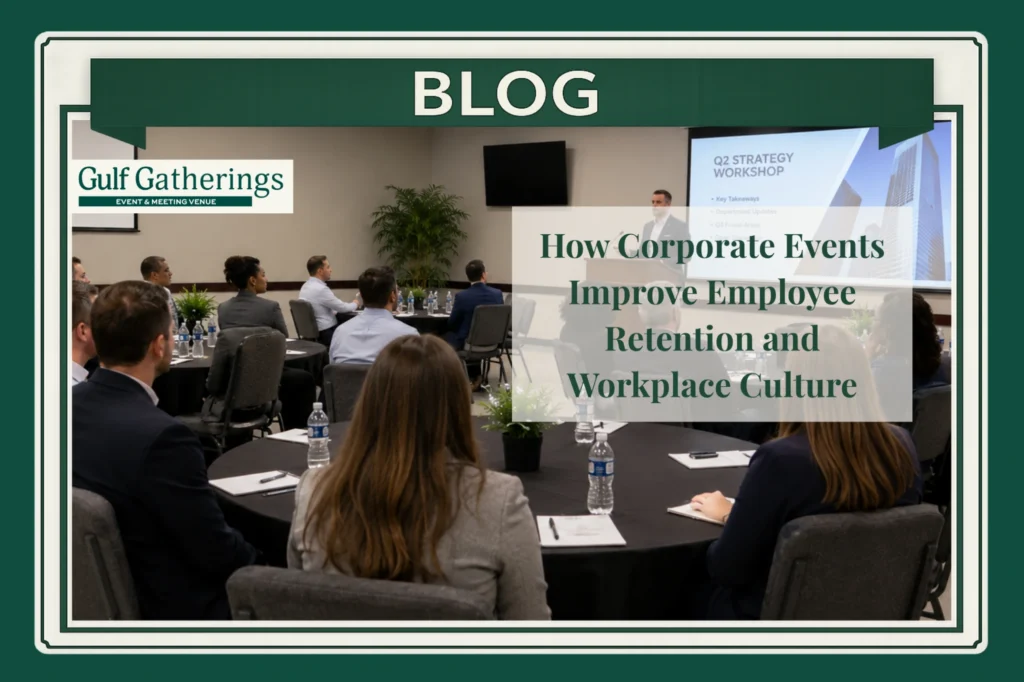 Corporate team-building event at a Baton Rouge event venue featuring business professionals attending a workplace culture and employee engagement workshop at Gulf Gatherings.