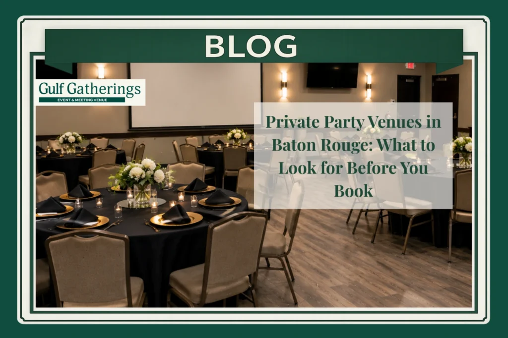 Elegant private party venue in Baton Rouge featuring round banquet tables, stylish seating, modern lighting, and event-ready amenities, ideal for birthday parties, anniversary celebrations, family gatherings, corporate events, and special occasions.