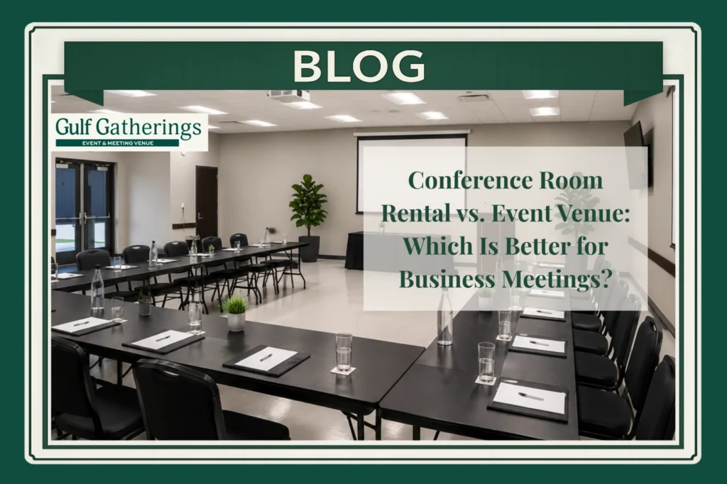 Professional Baton Rouge meeting venue with U-shaped tables, presentation screen, A/V setup, and seating for business meetings at Gulf Gatherings.