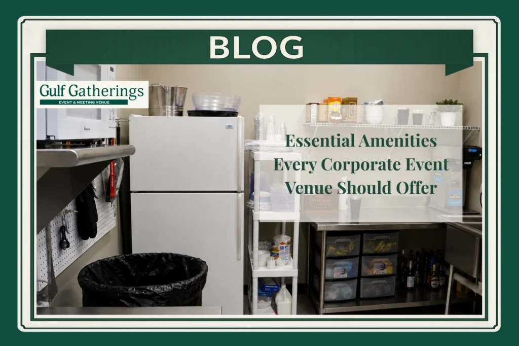 Clean commercial catering prep area with refrigerator, microwave, beverage station, stainless steel counters, and organized supplies at Gulf Gatherings in Baton Rouge.