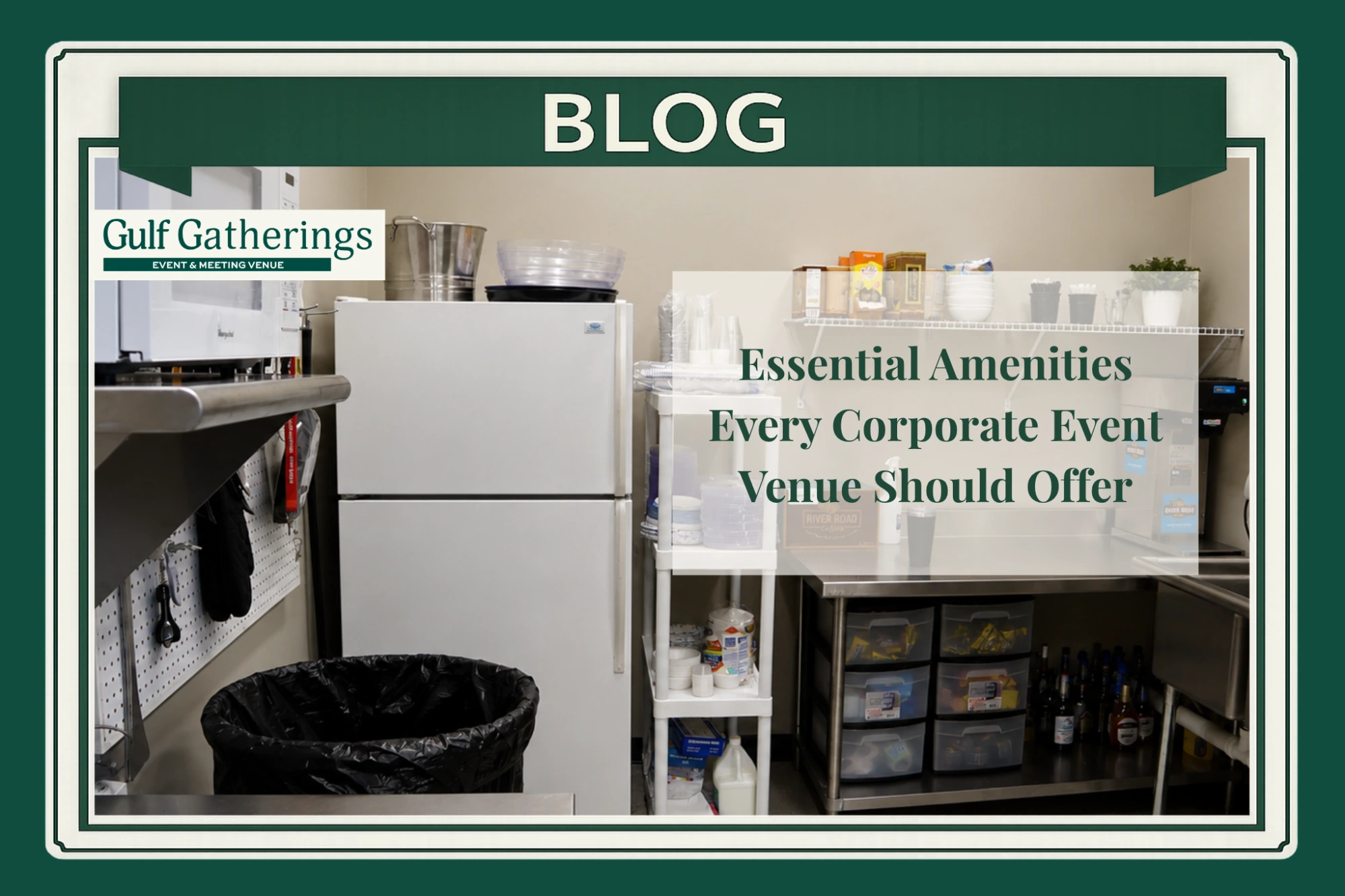 Clean commercial catering prep area with refrigerator, microwave, beverage station, stainless steel counters, and organized supplies at Gulf Gatherings in Baton Rouge.