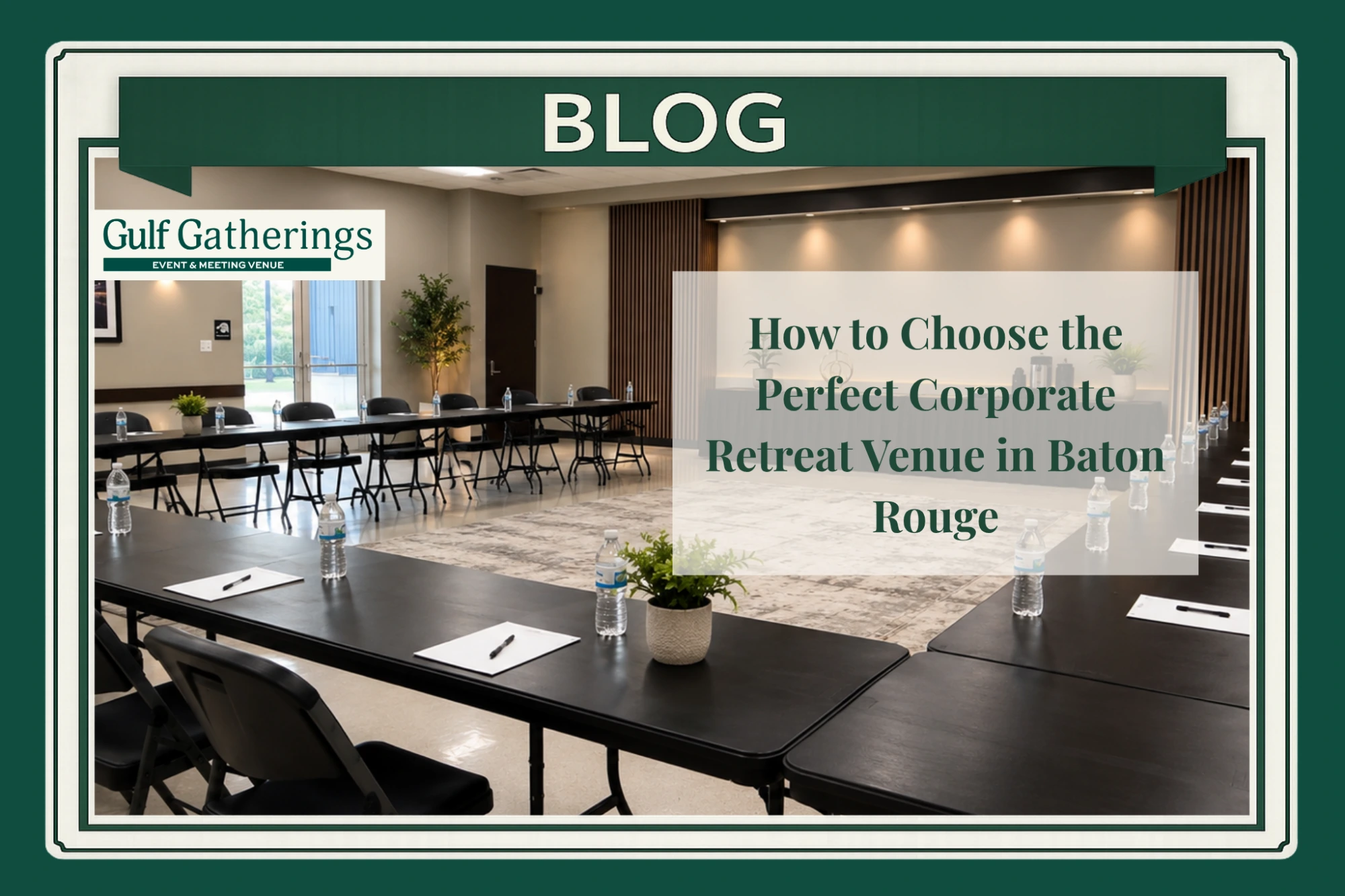Corporate retreat venue in Baton Rouge with U-shaped conference room setup, modern meeting space, audiovisual equipment, and professional seating for business meetings.