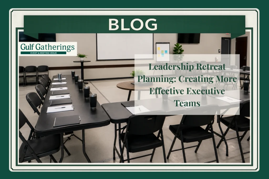 Professional executive leadership retreat venue with modern conference room setup, collaborative meeting space, presentation screen, and team planning tables designed for strategic leadership development and executive team building.