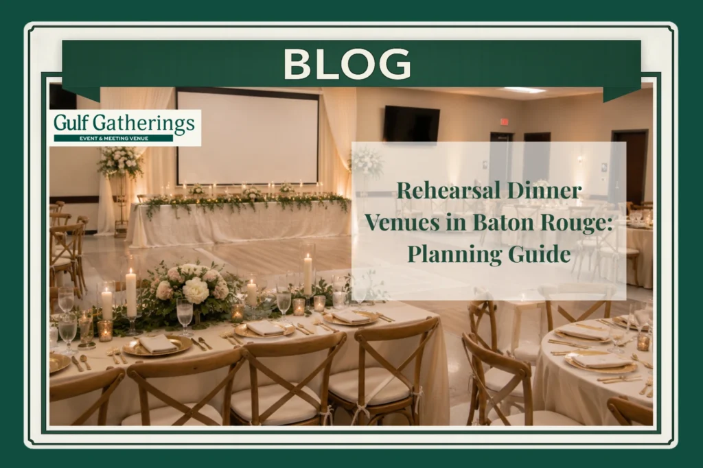 Elegant reception venue in Baton Rouge with decorated dining tables, floral centerpieces, candlelight, a head table, and an open dance floor at Gulf Gatherings.