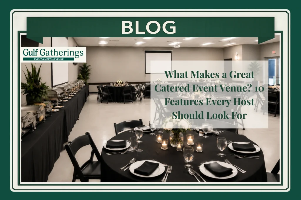 Catered event venue in Baton Rouge with banquet tables, buffet setup, A/V screens, black linens, and elegant place settings for private and corporate events.