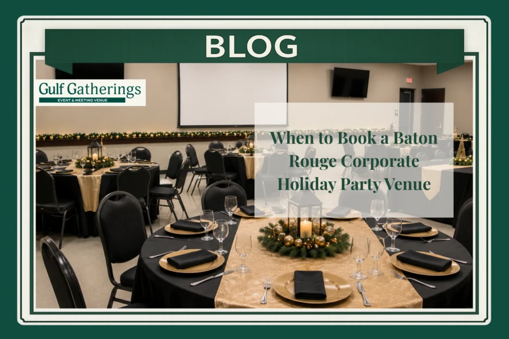 Elegant corporate holiday party venue in Baton Rouge featuring professionally decorated banquet tables with black and gold linens, festive holiday centerpieces, audiovisual presentation screen, spacious event layout, and flexible seating for employee appreciation events, client receptions, business meetings, and corporate celebrations at Gulf Gatherings.