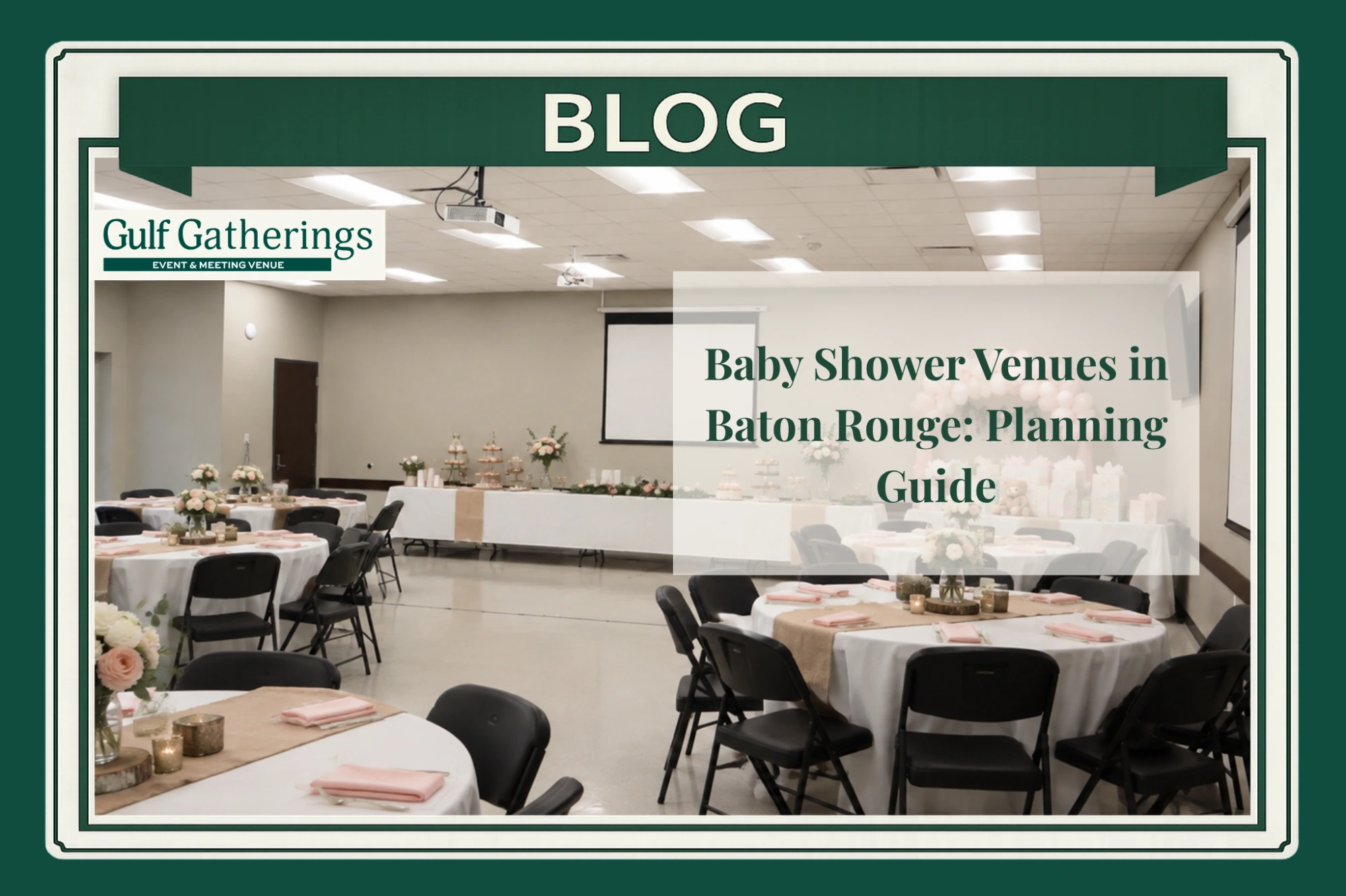 Baby shower venue in Baton Rouge set with round tables, pink and white décor, floral centerpieces, catering tables, and a balloon display.