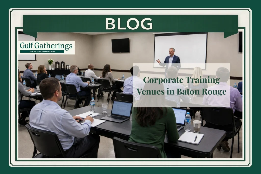 Corporate training session at Gulf Gatherings in Baton Rouge with a presenter, seated professionals, classroom-style tables, laptops, and projection screens.