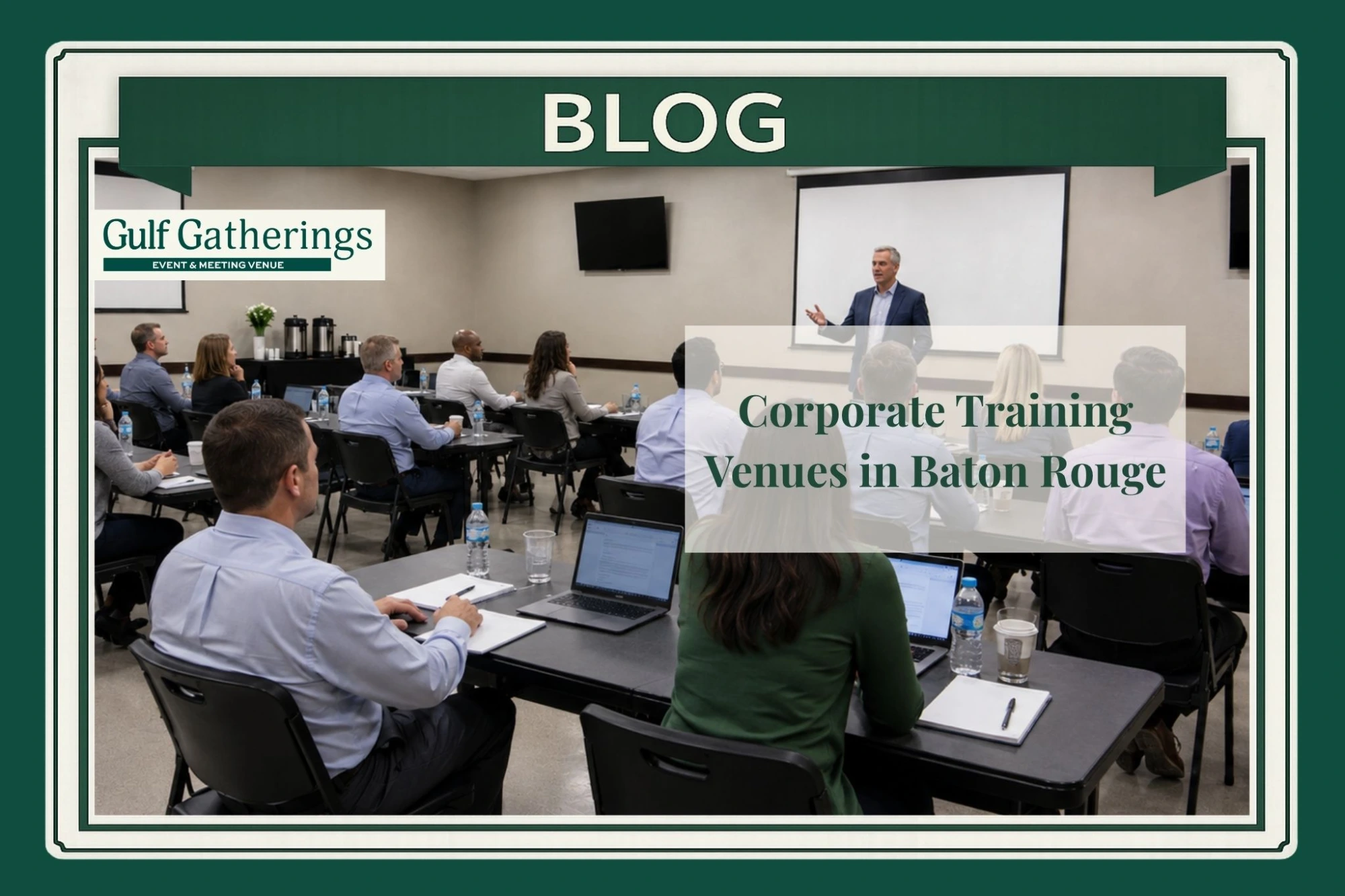 Corporate training session at Gulf Gatherings in Baton Rouge with a presenter, seated professionals, classroom-style tables, laptops, and projection screens.