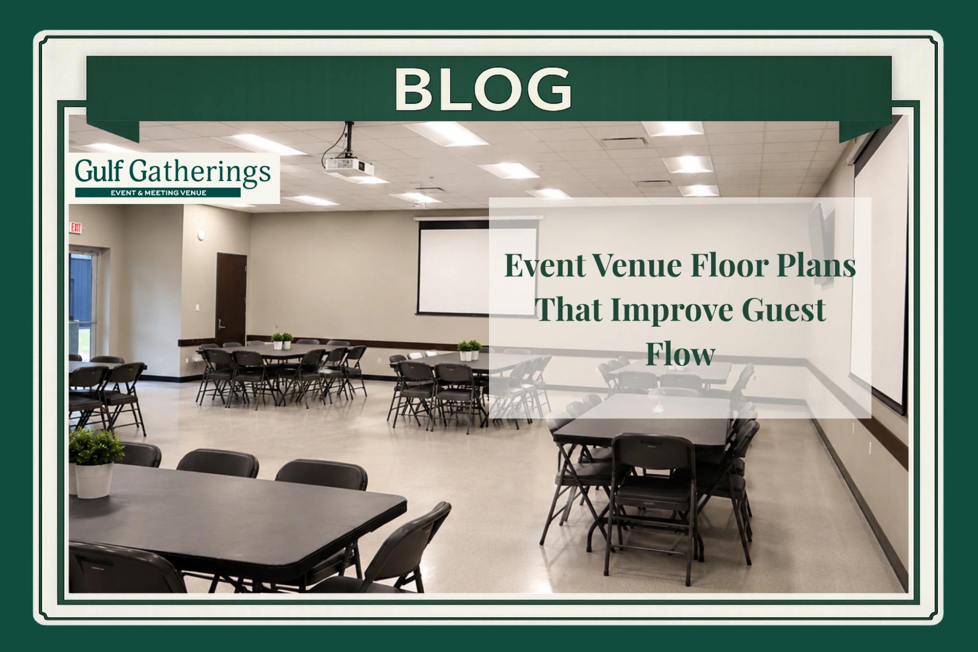 Flexible event venue floor plan at Gulf Gatherings with banquet tables, chairs, open aisles, projection screens, and audiovisual equipment.