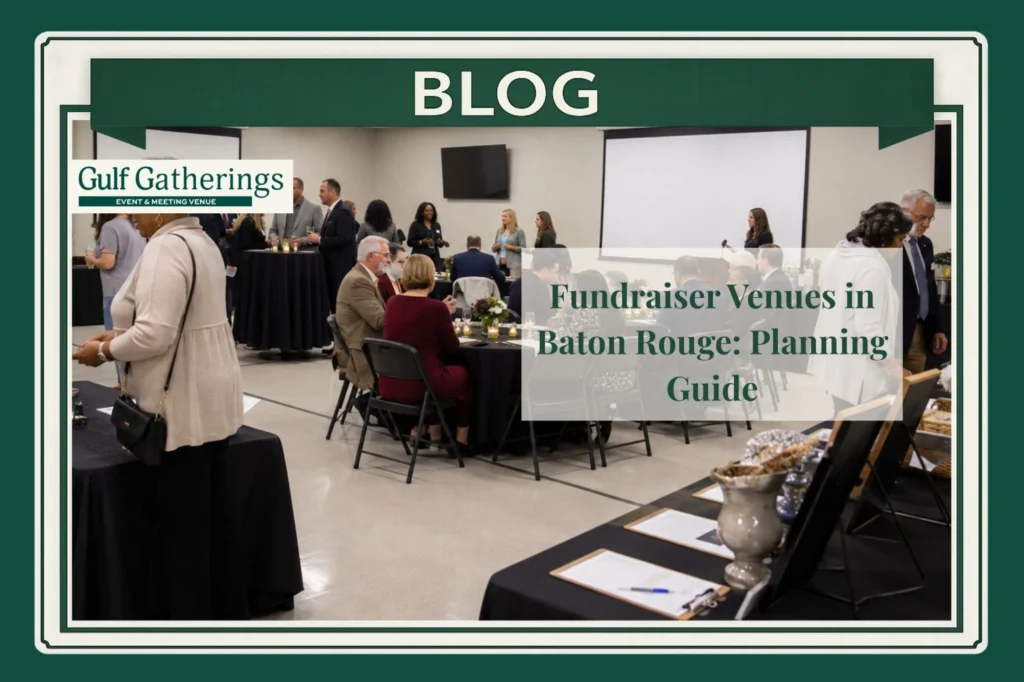 Fundraiser event at Gulf Gatherings in Baton Rouge with banquet seating, donor networking, silent auction displays, check-in, catering, and a presentation area.