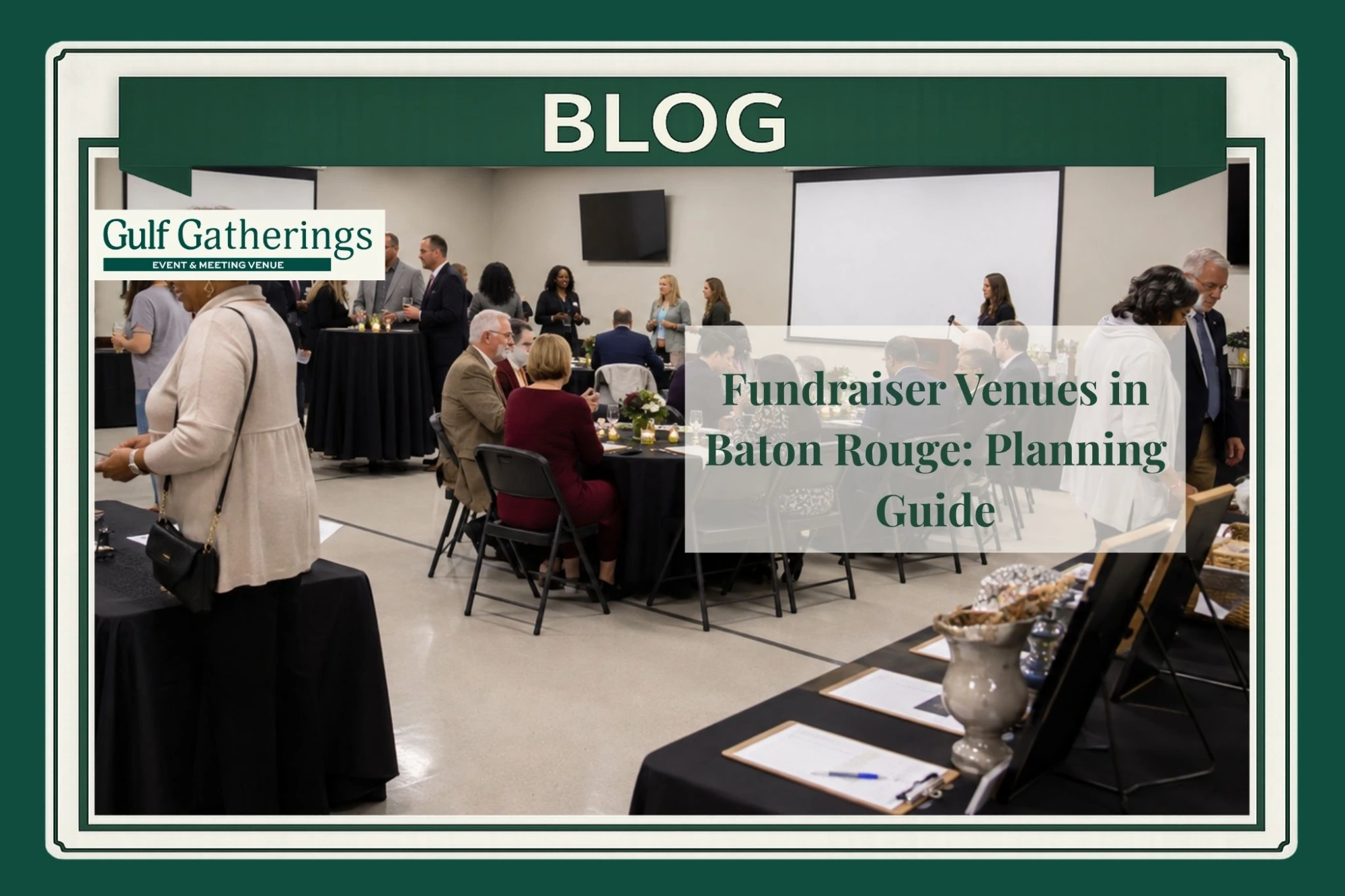 Fundraiser event at Gulf Gatherings in Baton Rouge with banquet seating, donor networking, silent auction displays, check-in, catering, and a presentation area.