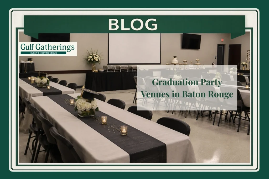 Graduation party venue in Baton Rouge set with banquet tables, black and gold décor, floral centerpieces, catering area, gift table, and graduation-themed accents.