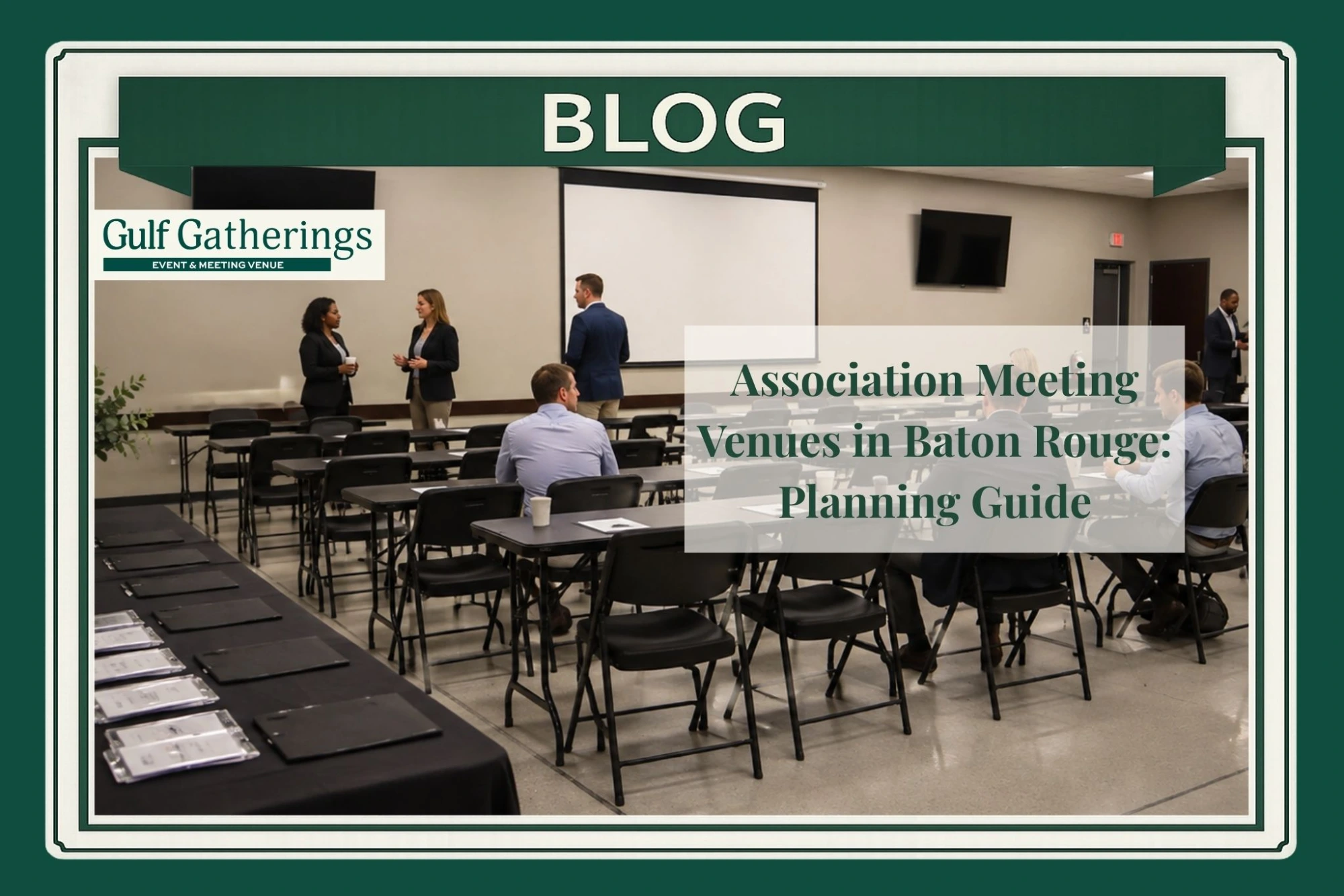 Association meeting venue in Baton Rouge with classroom-style tables, professional attendees, registration materials, presentation screens, and space for recurring business gatherings.