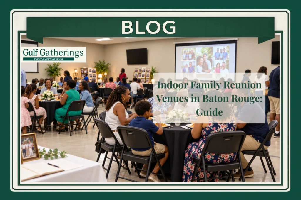 Indoor family reunion venue in Baton Rouge with multigenerational guests, banquet seating, buffet catering, family photo displays, and a slideshow.