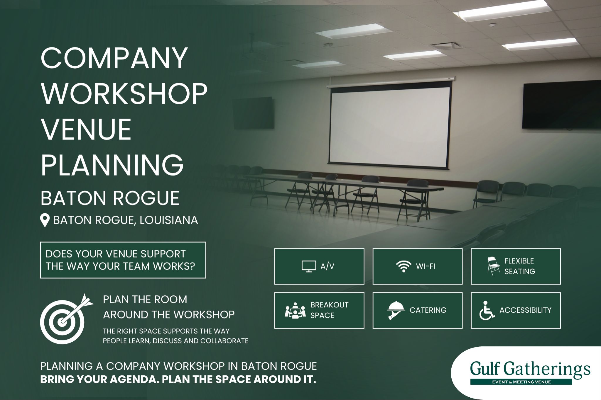 Company workshop venue in Baton Rouge with A/V, Wi-Fi, flexible seating, breakout space, catering, and accessibility at Gulf Gatherings.